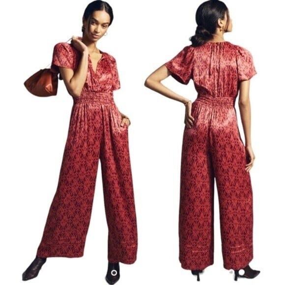Anthropologie Red Ikat Wide Leg Smocked Waist Jumpsuit XL - Picture 1 of 5
